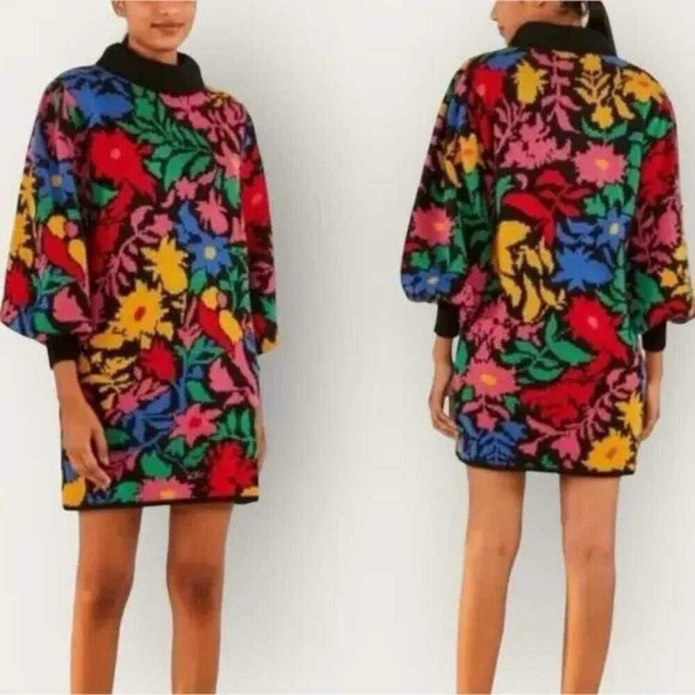 Farm Rio Tropical Garden Vibrant Multi Puff Sleeve Turtleneck Sweater Dress S - Picture 2 of 10